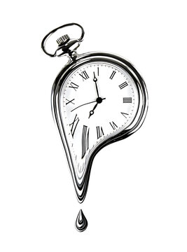 Melting pocket watch on black background surreal time concept