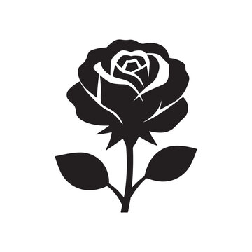Simple black silhouette of a blooming rose flower with a stem and two leaves isolated on a white background, for floral projects