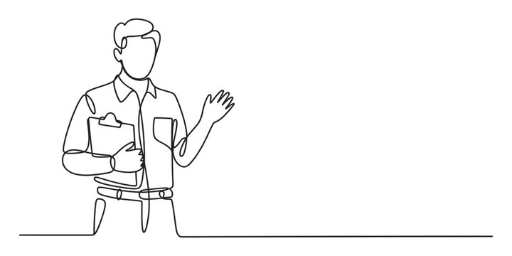 Continuous single line drawing of a man holding a clipboard and giving a talk