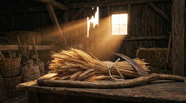 Golden wheat bundles and scythe on rustic barn table by window