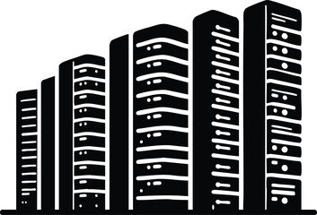 Obraz premium A minimalist server illustration depicting multiple data center racks in an ascending height arrangement representing digital infrastructure and network technology