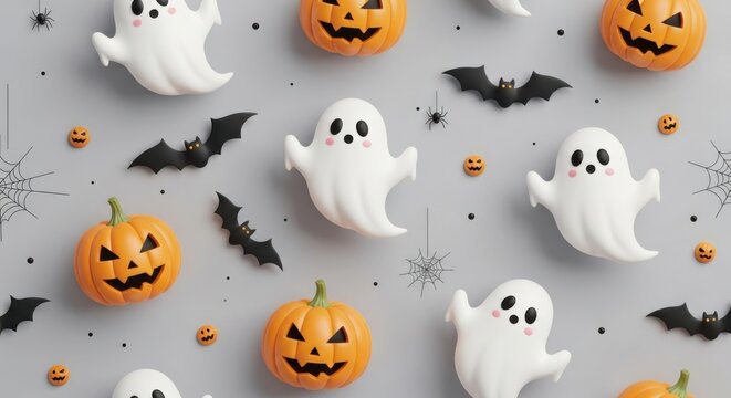 Seamless pattern of cute 3d ghosts, jackolantern pumpkins, and bats on a grey background