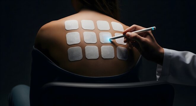 Doctor performing skin allergy patch test on patient back in medical lab