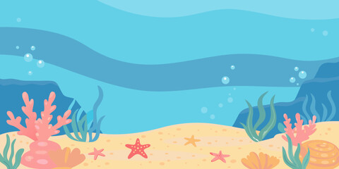 Underwater Scene Vector Illustration With Coral Seaweed And Starfish © Mritun