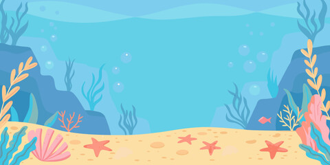 Underwater Scene Vector Illustration With Coral Seaweed And Marine Life © Mritun