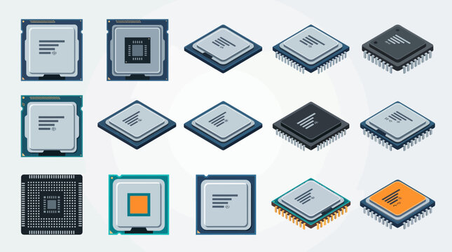 Premium flat vector bundle of computer CPU and processor icons in isometric and top-down views