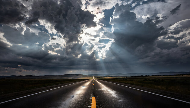 A dramatic cloudy sky with sunlight rays illuminates an open road ahead.