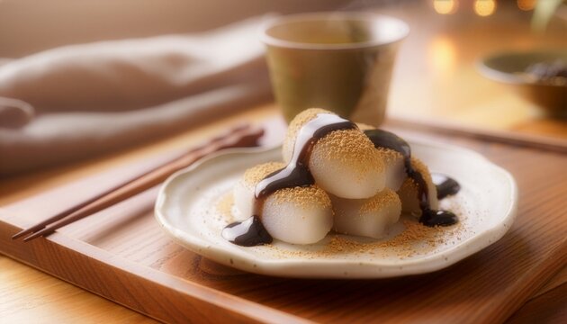 Japanese mochi with kinako powder and black sugar syrup. suitable for food blogs, restaurant menus, and social media posts.