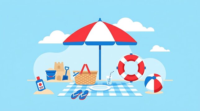 Summer beach picnic with umbrella and sandcastle flat illustration