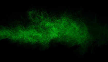 Naklejka premium Green dust smoke isolated on a black background. abstract neon, thick swirling, and powder creating a psychedelic light design. smog effect, dark background
