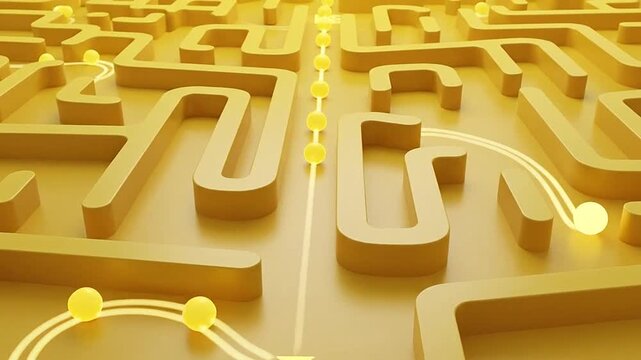 A glowing yellow path leads through a complex 3D maze structure