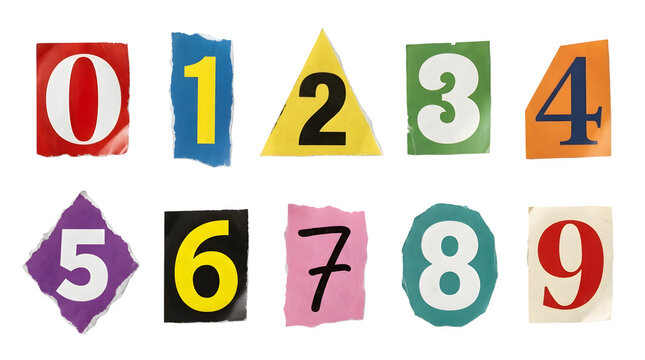 Set of colorful numbers cut out from magazines isolated on transparent background