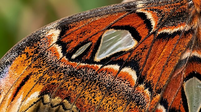 Macro texture of a giant atlas moth wing with orange and black patterns