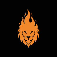 Stylized lion head logo with fiery mane on black background, bold and modern © ikbal