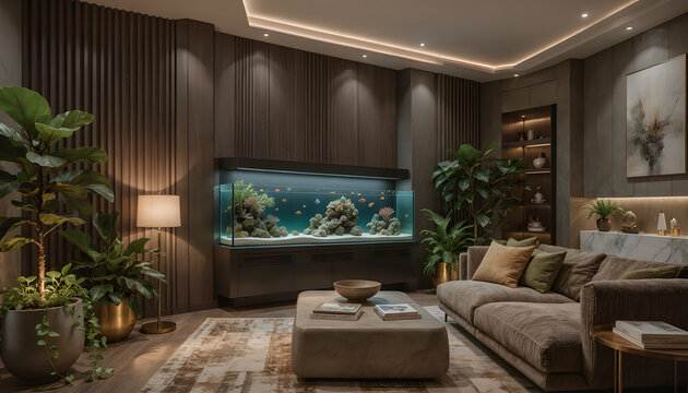Interior scene with premium aquarium display and lush green plants in a cozy living room setting with warm lighting