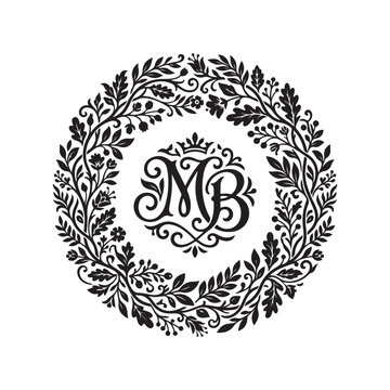 Black and white circular floral wreath frame with ornate mb monogram letters in the center, vintage style botanical