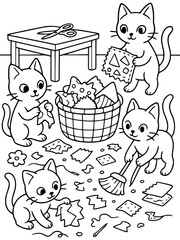 Fototapeta premium Kittens Crafting Chaos: Four adorable cartoon kittens engage in a playful crafting session, surrounded by colorful scraps of paper, scissors, and a broom.