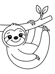 Fototapeta premium Sloth Hanging from a Tree Branch: A cute, simple outline illustration of a sloth with a happy face hanging from a tree branch, perfect for coloring pages and children's themes.
