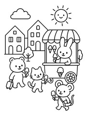Fototapeta premium Cute Animal Friends Enjoying Ice Cream: A charming illustration depicts a bear, cat, and mouse holding ice cream cones outside an ice cream cart, with a cheerful bunny serving. In the background.