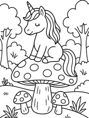 Fototapeta premium Cute Unicorn on Mushroom Coloring Page: A whimsical unicorn with a spiral horn sits atop a polka-dotted mushroom, surrounded by playful trees and smaller toadstools.