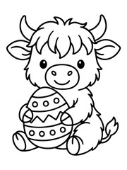 Obraz premium Easter Yak Cartoon: A cute cartoon yak, a fluffy bovine creature with horns and a cheerful expression, sits and holds a decorated Easter egg, ready for coloring.