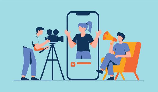 Video content creation, social media marketing, and vlogging concept with smartphone and crew vector illustration