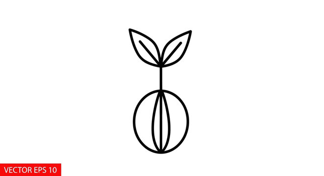 Minimalist icon of a sprouting seed with leaves, simple line art, white background