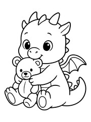 Fototapeta premium Cute Dragon Hugging Teddy Bear: A charming, cartoon-style baby dragon with large, expressive eyes cuddles a small teddy bear, radiating innocence and warmth.
