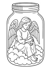 Obraz premium Angel in a Jar: A serene angel with closed eyes and spread wings sits peacefully on fluffy clouds, enclosed within a glass jar, representing solace and protection.