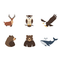 Naklejka premium Cute Cartoon Forest Animals Collection: Deer, Owl, Eagle, Bear, Whale Icons