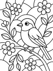 Fototapeta premium A Bird and Blossoms Coloring Page: An artistic illustration of a cute bird perched on a flowering branch, presented in a style reminiscent of stained glass, perfect for creative expression.