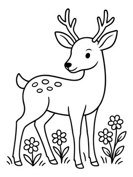 Cute Deer Coloring Page: A charming cartoon deer with spots and antlers stands in a field of flowers, perfect for a child's coloring book or educational material.
