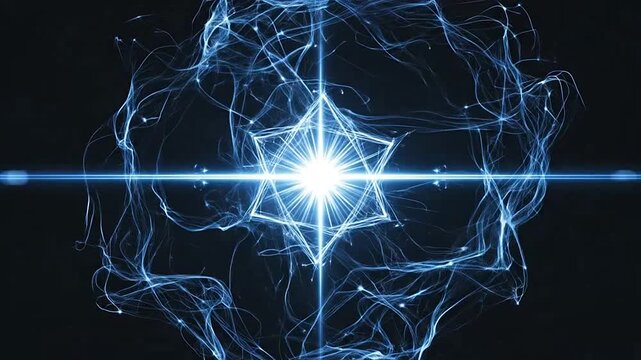 Glowing blue geometric star with energy particles and light flares on a dark background