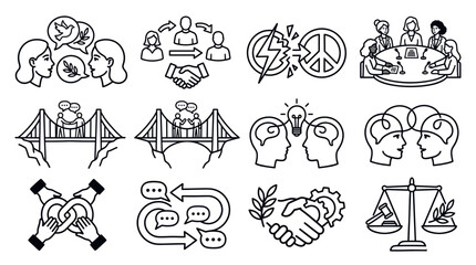 Obraz premium Global Cooperation and Peacebuilding Outline Icon Vector Collection