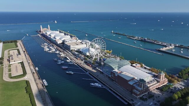 Aerial view of the skyline of the Chicago Navy Pier in the United States
