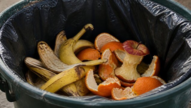 Organic waste like banana peels orange peels and eaten apple core inside a plastic lined kitchen trash bin