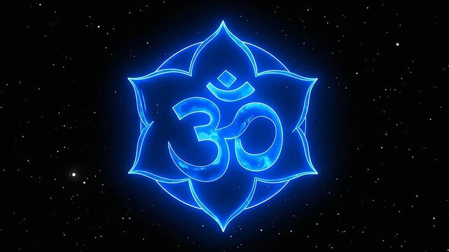 Glowing blue Om symbol inside a lotus flower against a starry night sky
