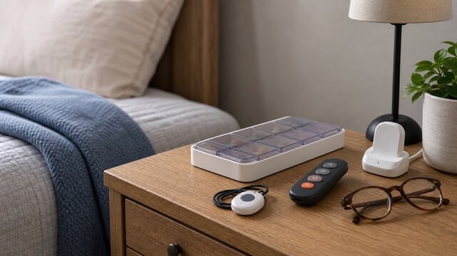 Bedside table with items for daily living in a bedroom at afternoon light