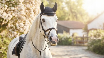 Obraz premium White horse wearing black fly bonnet and bridle standing outdoors, blurred trees and building in background under sunlight.
