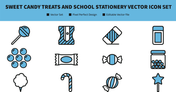 Sweet Candy Treats and School Stationery Vector Icon Collection with Lollipop Chocolate and Eraser Symbols for Creative Graphic Design Projects
