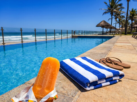 Orange popsicle ice cream held in hand by swimming pool with folded blue white striped towel and flip flops on stone edge clear blue sky palm trees.