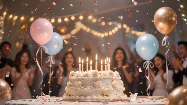 Birthday celebration with cake and balloons
