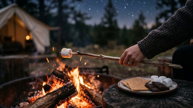 Cozy campfire setting at night with a hand holding a roasting stick with a marshmallow, conveying warm outdoor camping memories and delicious s'mores preparation.