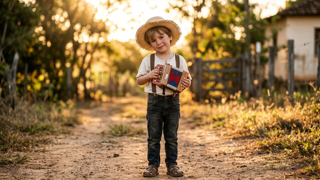 Cute Brazilian Boy Holding Accordion on Rural Dirt Road at Golden Hour in Festa Junina Caipira Costume