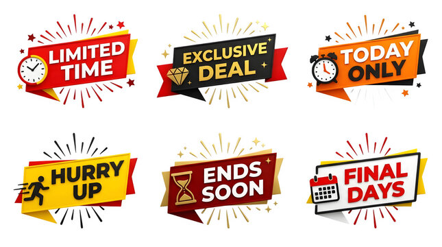 Set of promotional sale banners with timelimited offer icons isolated on transparent background