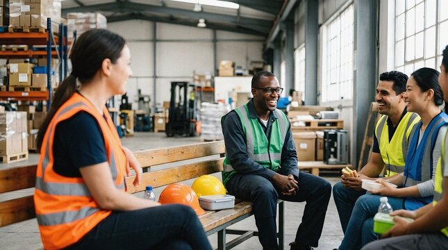 Diverse Group of Warehouse Workers Taking a Lunch Break and Smiling Together in a Large Distribution Center
