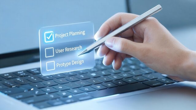 Hand using stylus on digital checklist