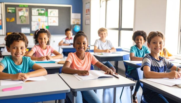 Diverse Children Sitting in Classroom Desks.
