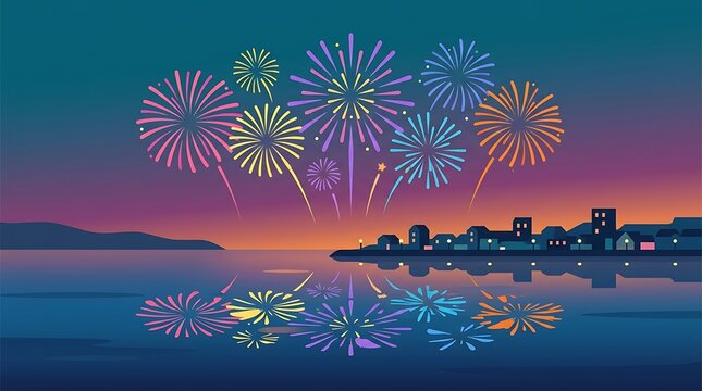 Colorful fireworks over small town lake with water reflections