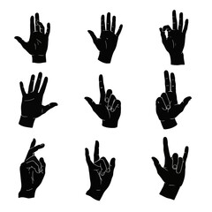 Fototapeta premium Collection of nine hand gesture silhouettes in black including open palm, pointing finger, ok sign, rock on, and crossed fingers, isolated on a white background vector illustration.
